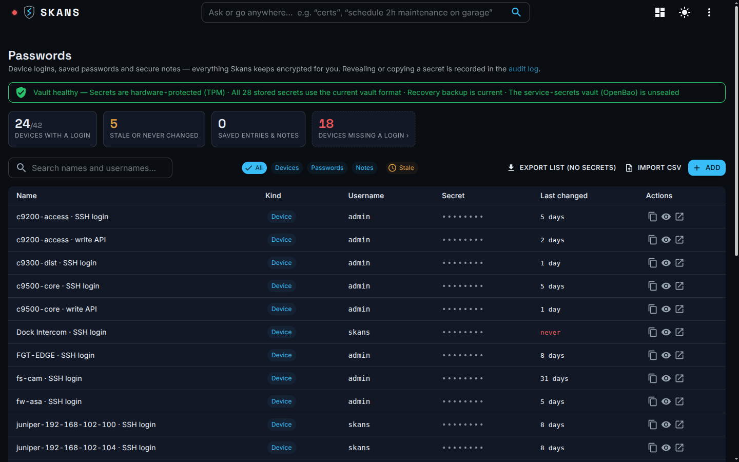The credential vault — device and service secrets encrypted under a TPM-protected key, with reveal and copy audited.